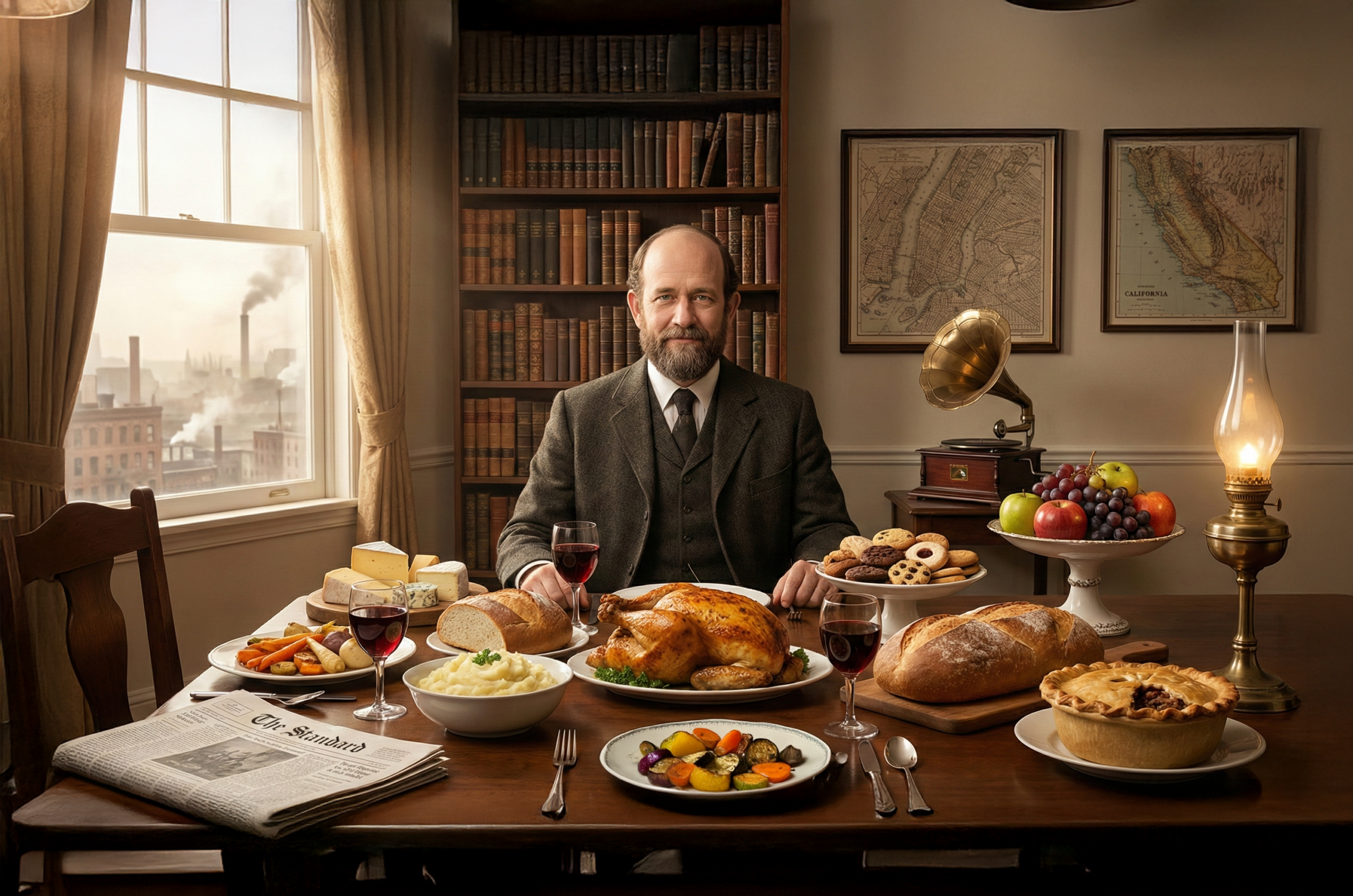 Henry George seated at a dinner table in his 1895 New York study