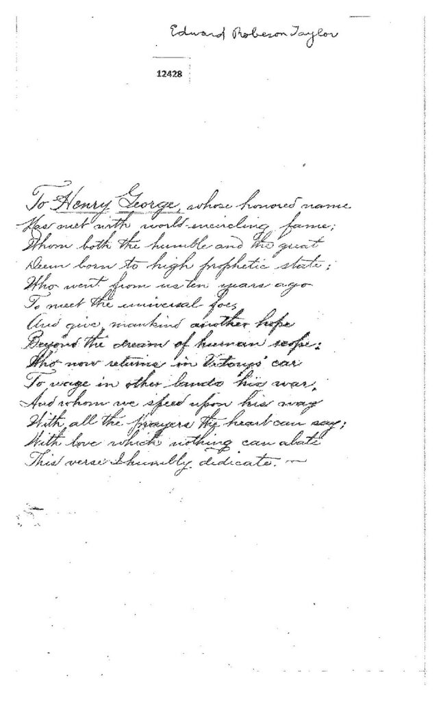 E.R. Taylor, “Verses Read at the Dinner Given Henry George,” February 5, 1890 (handwritten copy)