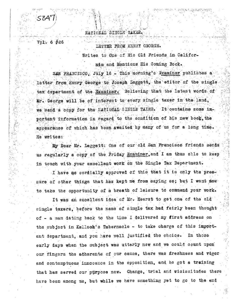 “Letter from Henry George about New Book [ The Science of Political Economy ],” July 28, 1897