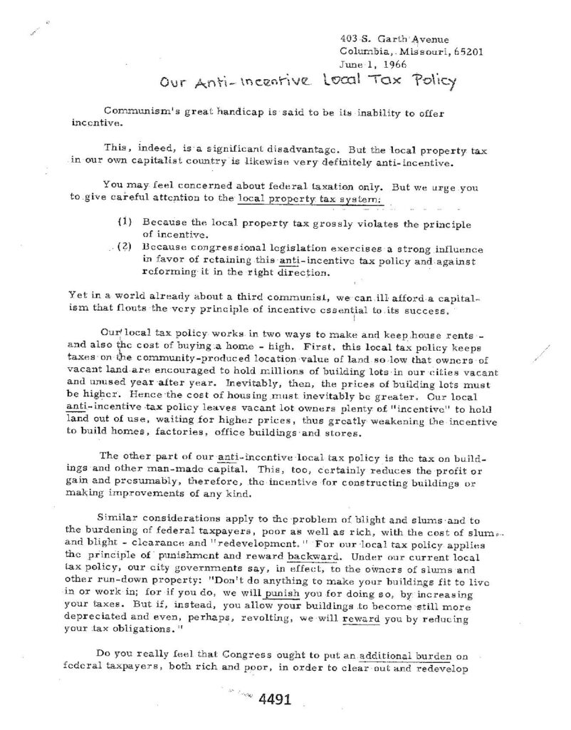 (with Elizabeth R. Brown” “Our Anti-Incentive Local Tax Policy” (June 1, 1966)