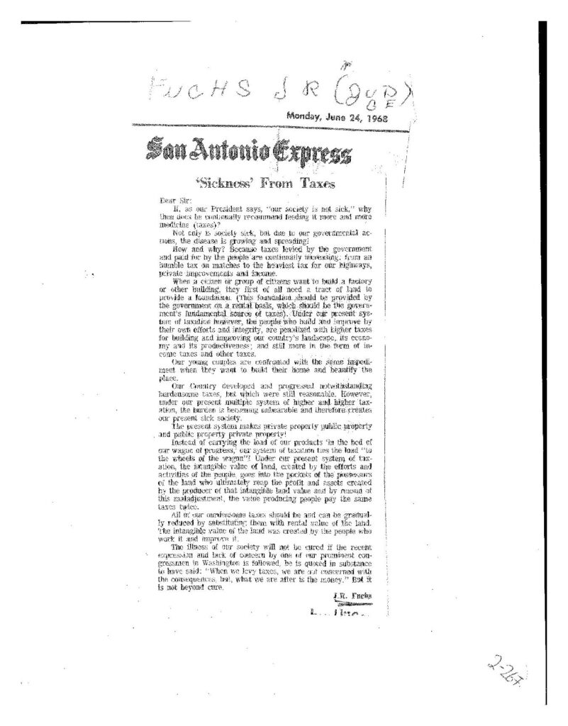 J.R. Fuchs, “‘Sickness’ From Taxes” San Antonio Express (June 24, 1968)