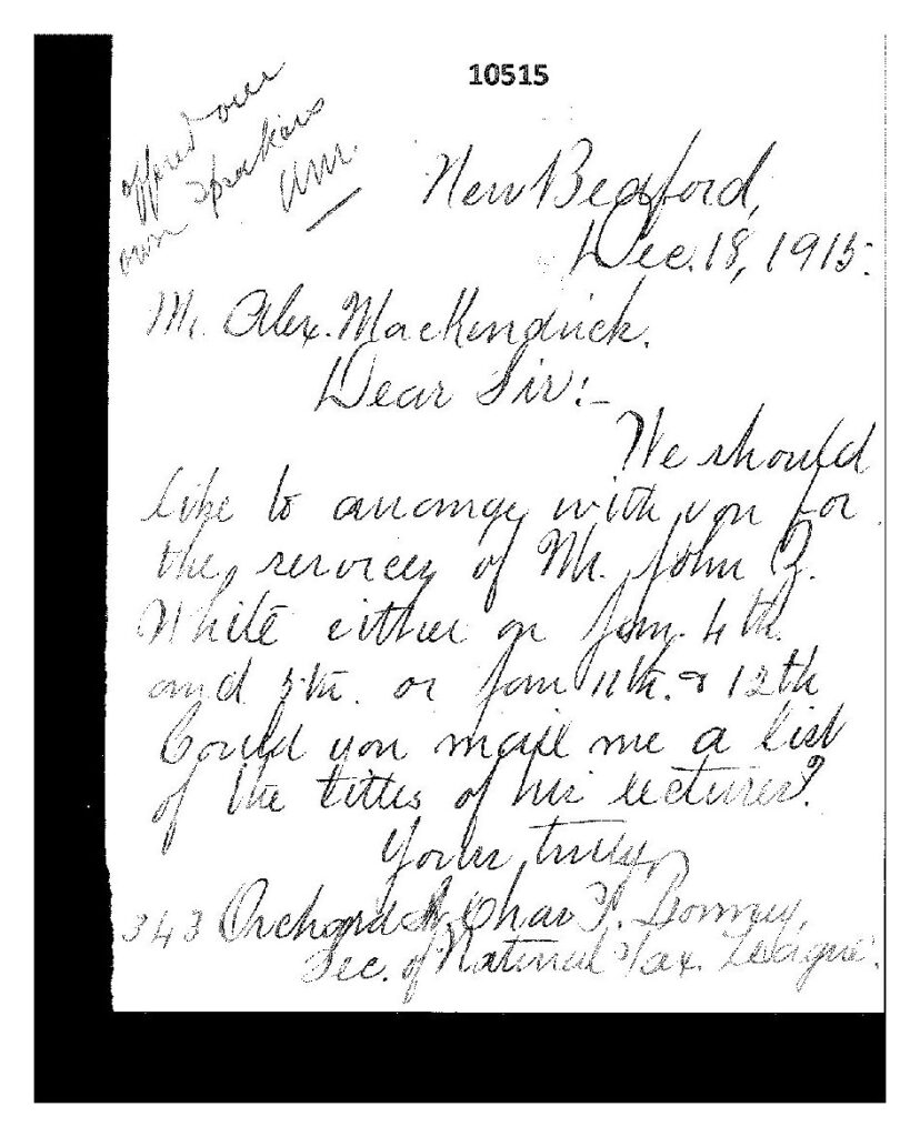 Charles Bormey to Alexander Mackendrick, December 18, 1915