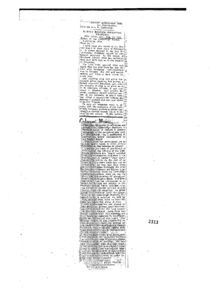 Fred Pease, “Survey Board’s Irrigation Proposal.” The Lethbridge Herald (February 14, 1922)