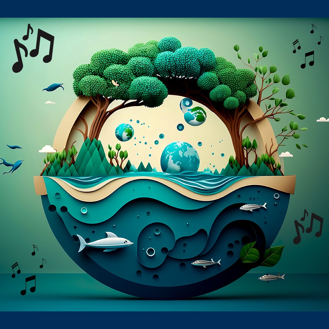 Poster for Sound Economics 2024: a paper-cut globe of trees and sea with music notes