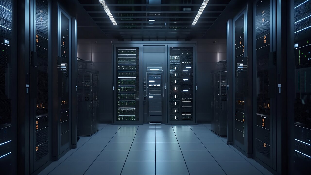 Rows of server racks inside a data center
